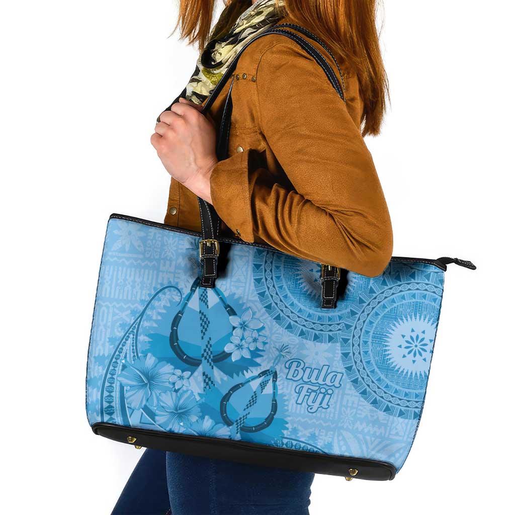Blue Bula Fiji Leather Tote Bag Fijian Dance Fan Tapa Cloth Pattern