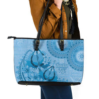 Blue Bula Fiji Leather Tote Bag Fijian Dance Fan Tapa Cloth Pattern
