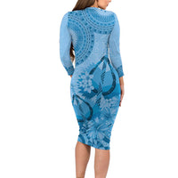 Blue Bula Fiji Long Sleeve Bodycon Dress Fijian Dance Fan Tapa Cloth Pattern