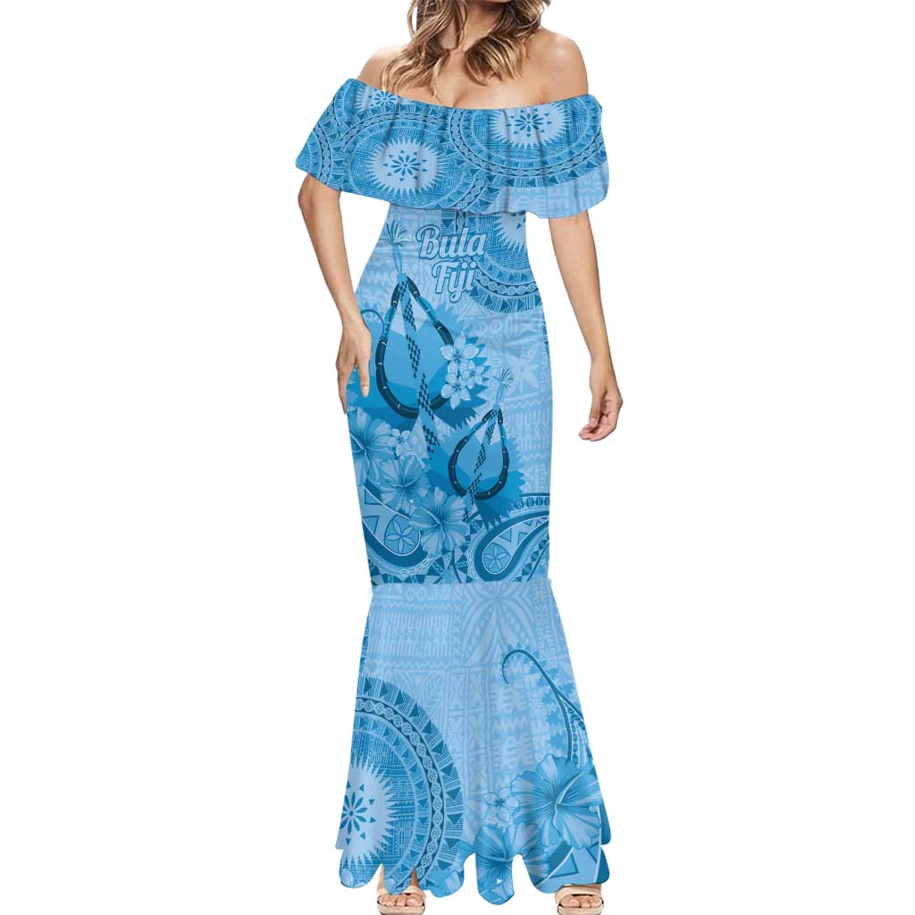 Blue Bula Fiji Mermaid Dress Fijian Dance Fan Tapa Cloth Pattern