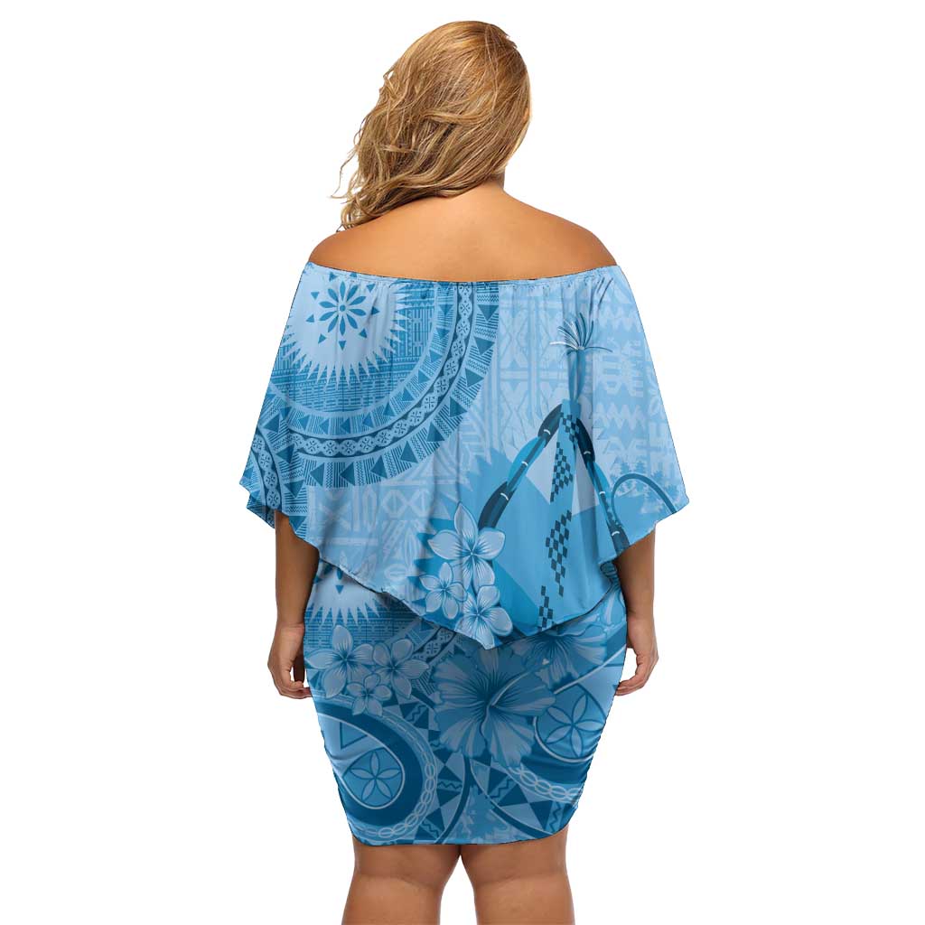 Blue Bula Fiji Off Shoulder Short Dress Fijian Dance Fan Tapa Cloth Pattern