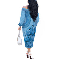 Blue Bula Fiji Off The Shoulder Long Sleeve Dress Fijian Dance Fan Tapa Cloth Pattern