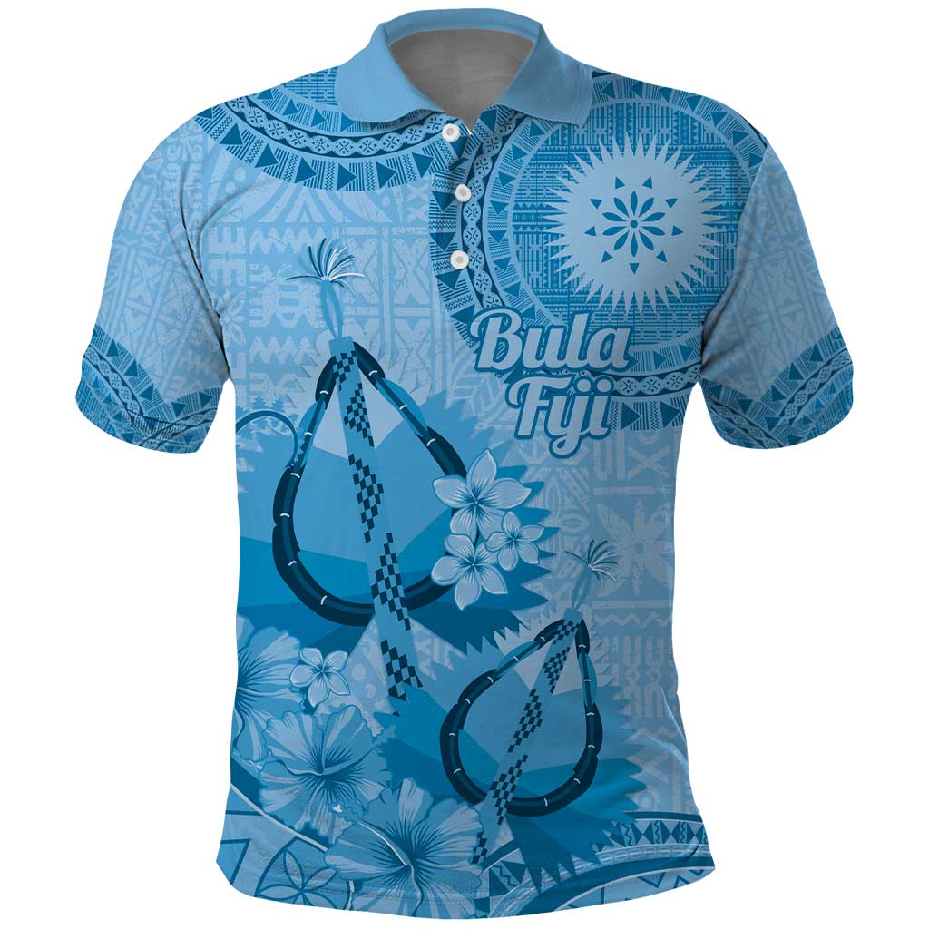 Blue Bula Fiji Polo Shirt Fijian Dance Fan Tapa Cloth Pattern