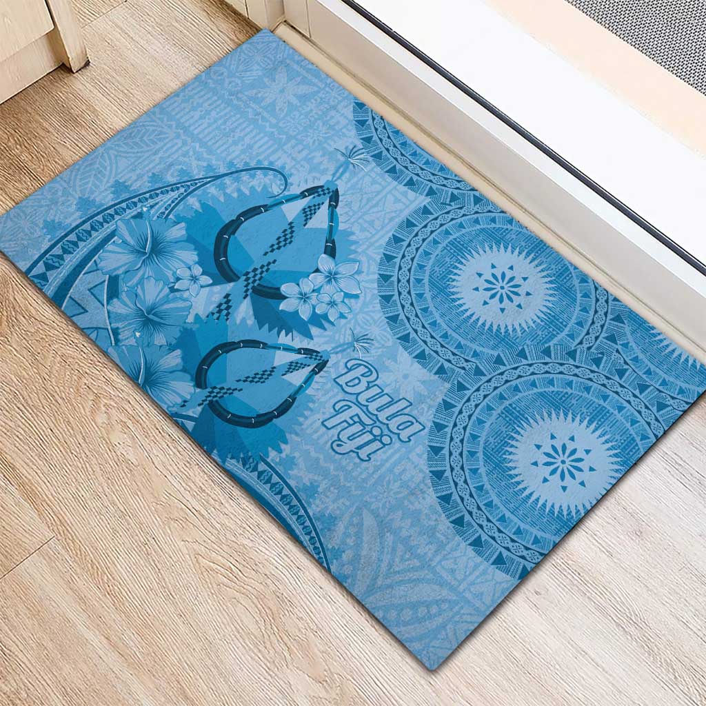 Blue Bula Fiji Rubber Doormat Fijian Dance Fan Tapa Cloth Pattern