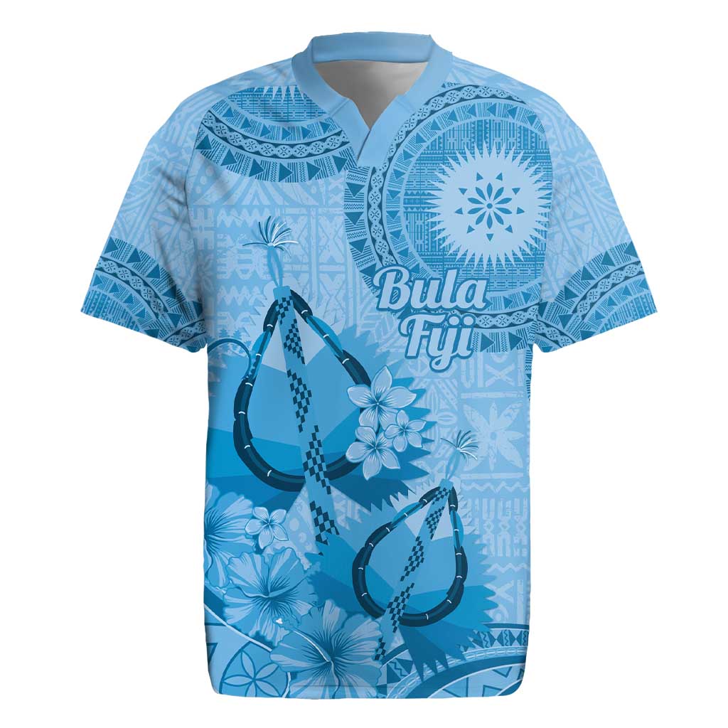 Blue Bula Fiji Rugby Jersey Fijian Dance Fan Tapa Cloth Pattern
