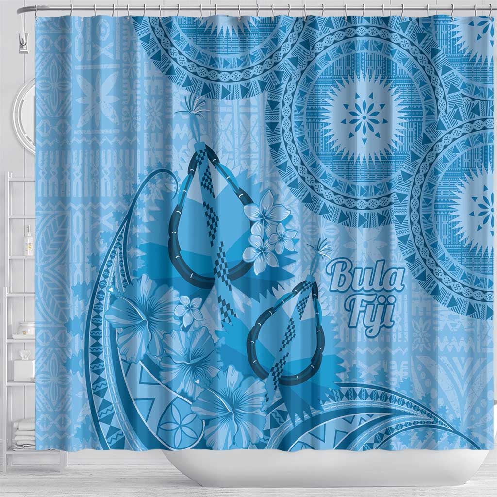 Blue Bula Fiji Shower Curtain Fijian Dance Fan Tapa Cloth Pattern