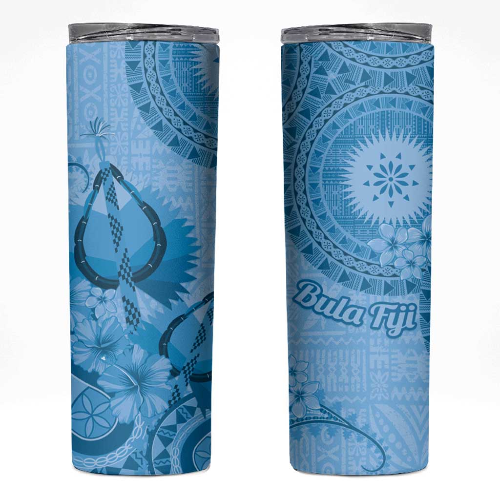 Blue Bula Fiji Skinny Tumbler Fijian Dance Fan Tapa Cloth Pattern