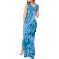 Blue Bula Fiji Tank Maxi Dress Fijian Dance Fan Tapa Cloth Pattern