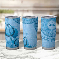 Blue Bula Fiji Tumbler Cup Fijian Dance Fan Tapa Cloth Pattern
