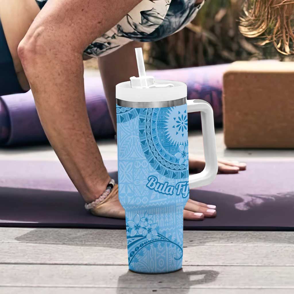 Blue Bula Fiji Tumbler With Handle Fijian Dance Fan Tapa Cloth Pattern