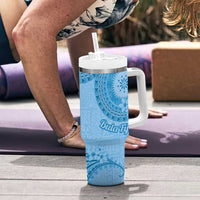Blue Bula Fiji Tumbler With Handle Fijian Dance Fan Tapa Cloth Pattern