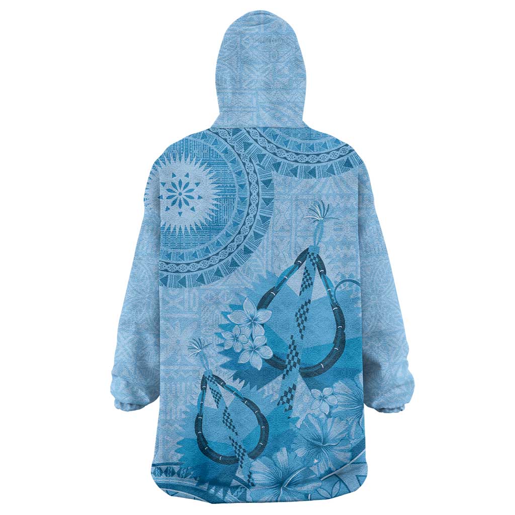 Blue Bula Fiji Wearable Blanket Hoodie Fijian Dance Fan Tapa Cloth Pattern