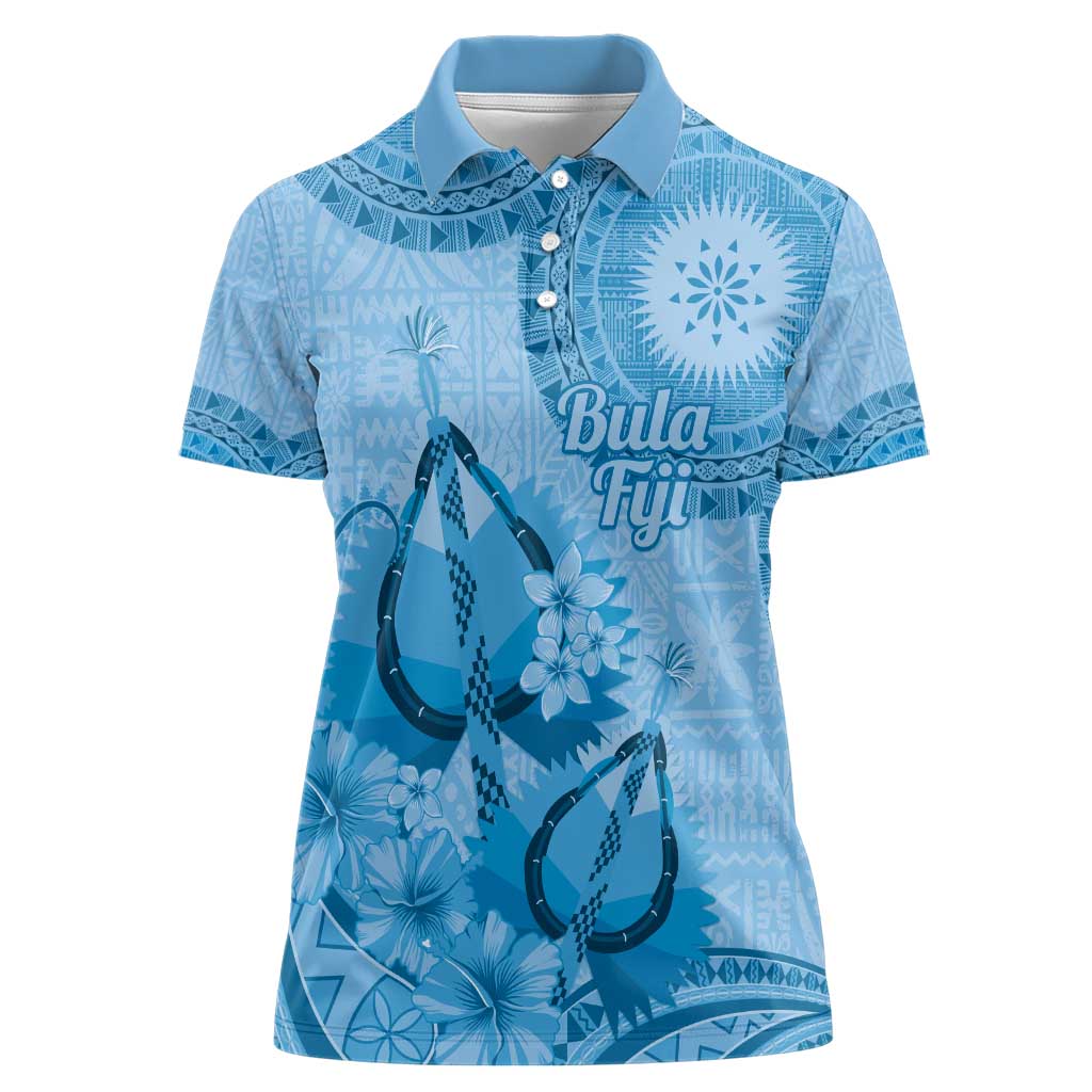 Blue Bula Fiji Women Polo Shirt Fijian Dance Fan Tapa Cloth Pattern