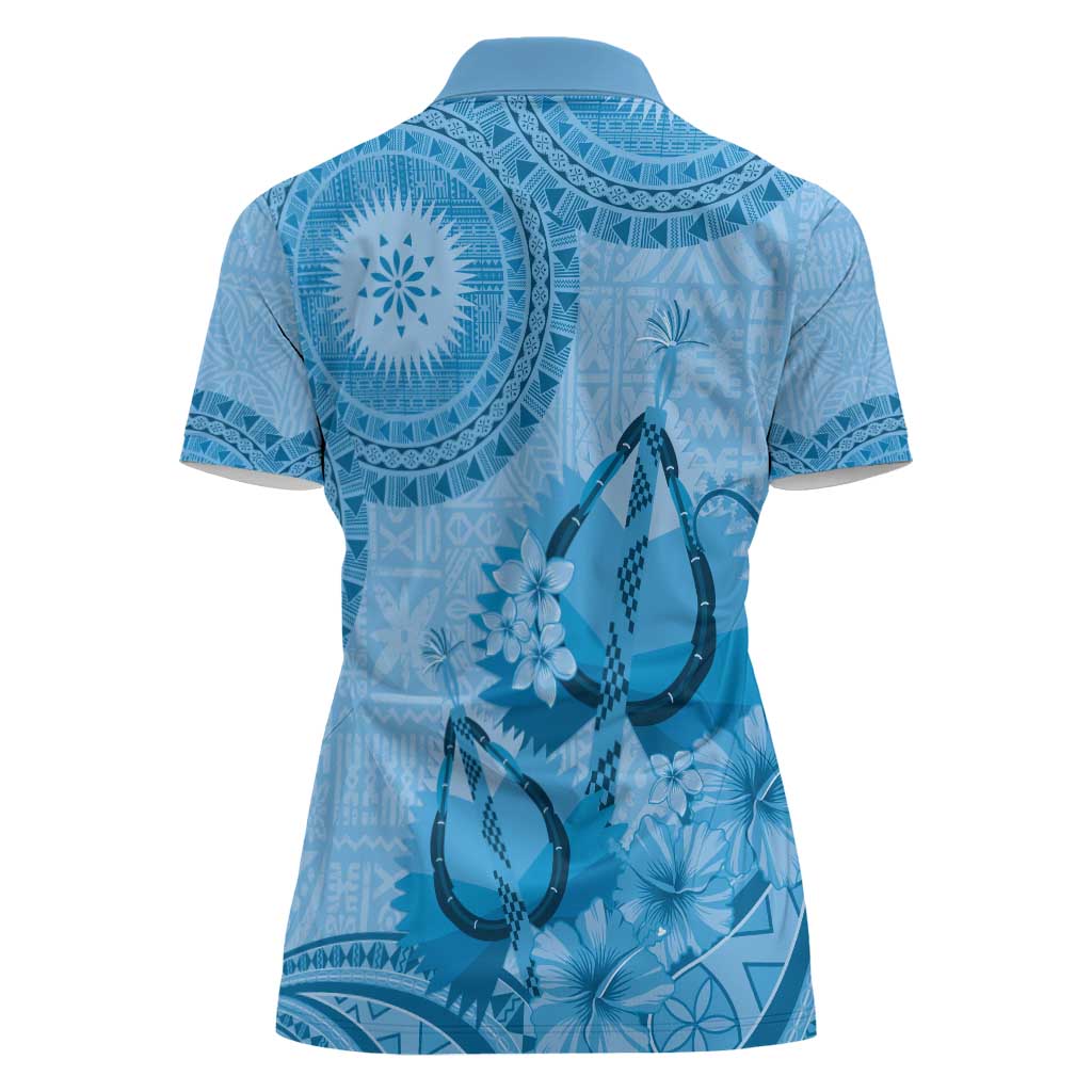 Blue Bula Fiji Women Polo Shirt Fijian Dance Fan Tapa Cloth Pattern