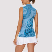 Blue Bula Fiji Women Sleeveless Polo Shirt Fijian Dance Fan Tapa Cloth Pattern