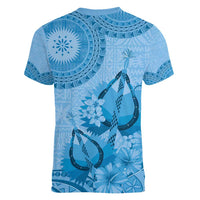 Blue Bula Fiji Women V-Neck T-Shirt Fijian Dance Fan Tapa Cloth Pattern