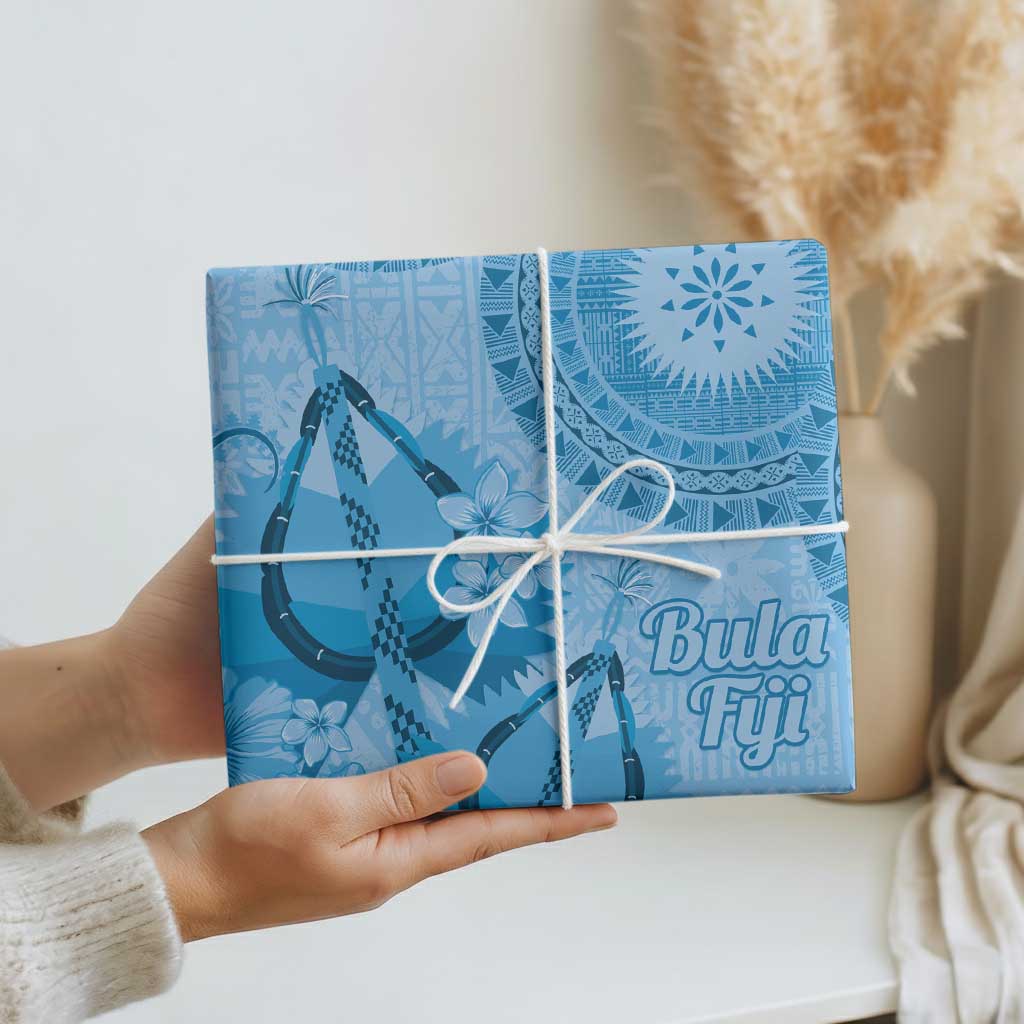 Blue Bula Fiji Wrapping Paper Fijian Dance Fan Tapa Cloth Pattern - Polynesian Pride