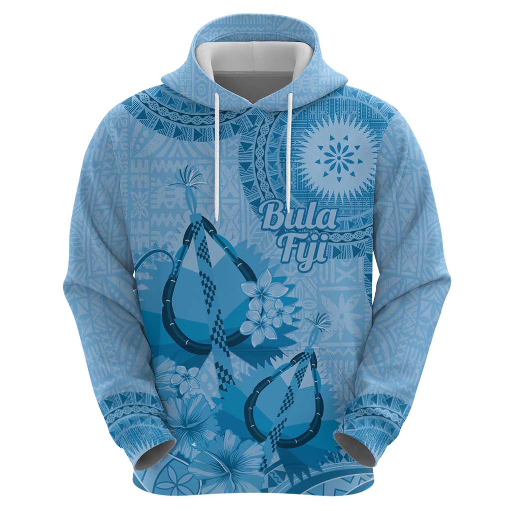 Blue Bula Fiji Zip Hoodie Fijian Dance Fan Tapa Cloth Pattern