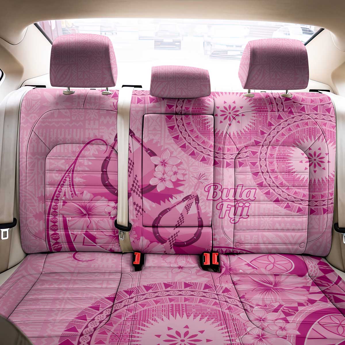 Pink Bula Fiji Back Car Seat Cover Fijian Dance Fan Tapa Cloth Pattern