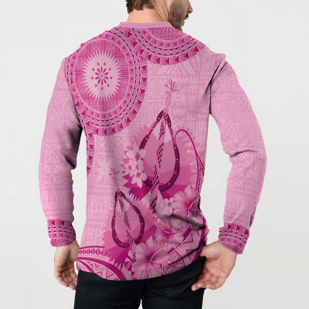 Pink Bula Fiji Button Sweatshirt Fijian Dance Fan Tapa Cloth Pattern
