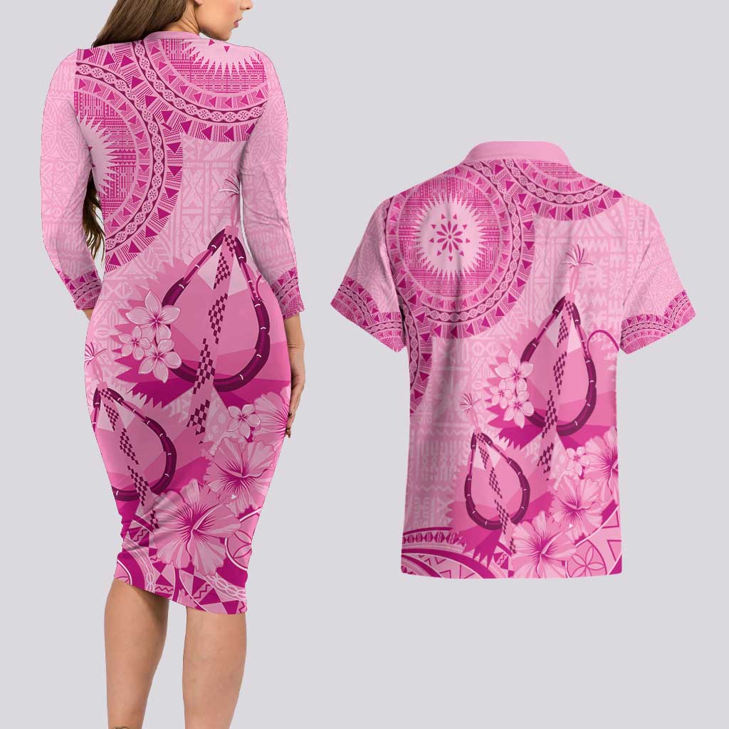 Pink Bula Fiji Couples Matching Long Sleeve Bodycon Dress and Hawaiian Shirt Fijian Dance Fan Tapa Cloth Pattern