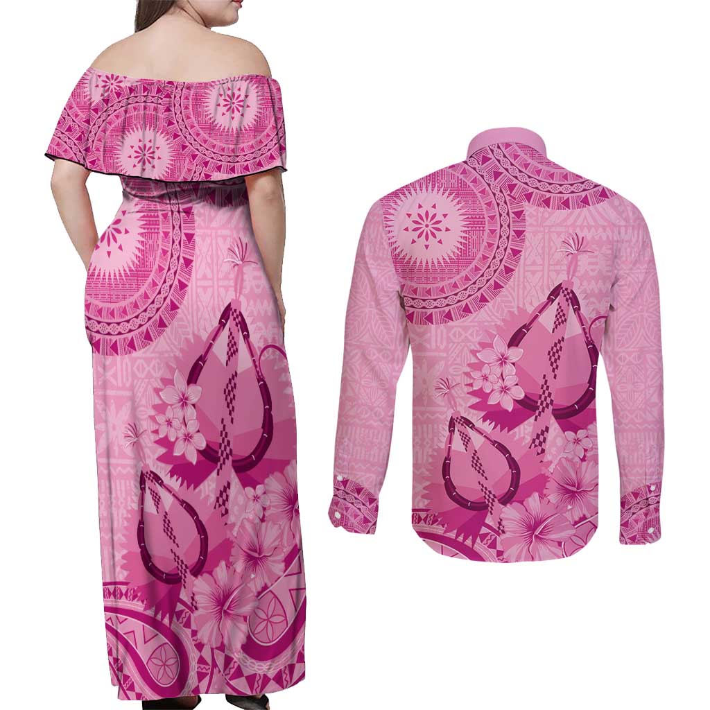 Pink Bula Fiji Couples Matching Off Shoulder Maxi Dress and Long Sleeve Button Shirt Fijian Dance Fan Tapa Cloth Pattern