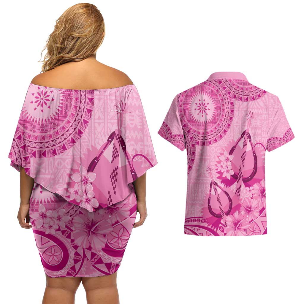 Pink Bula Fiji Couples Matching Off Shoulder Short Dress and Hawaiian Shirt Fijian Dance Fan Tapa Cloth Pattern