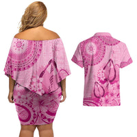 Pink Bula Fiji Couples Matching Off Shoulder Short Dress and Hawaiian Shirt Fijian Dance Fan Tapa Cloth Pattern