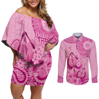 Pink Bula Fiji Couples Matching Off Shoulder Short Dress and Long Sleeve Button Shirt Fijian Dance Fan Tapa Cloth Pattern