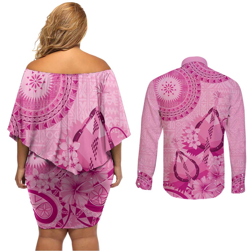 Pink Bula Fiji Couples Matching Off Shoulder Short Dress and Long Sleeve Button Shirt Fijian Dance Fan Tapa Cloth Pattern