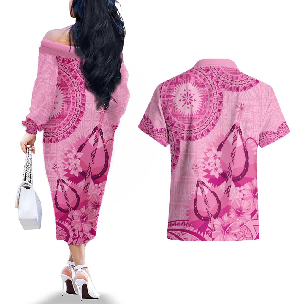 Pink Bula Fiji Couples Matching Off The Shoulder Long Sleeve Dress and Hawaiian Shirt Fijian Dance Fan Tapa Cloth Pattern