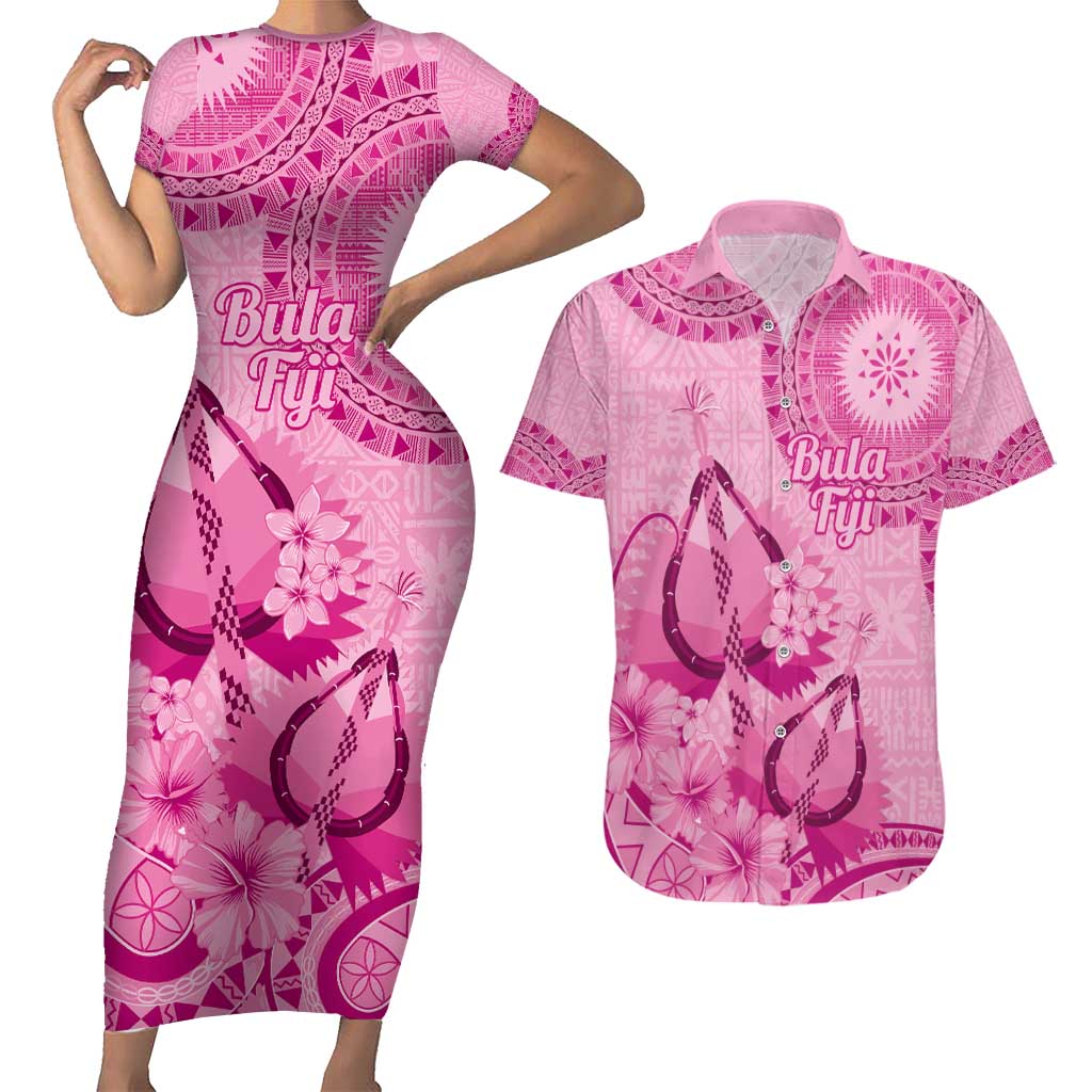 Pink Bula Fiji Couples Matching Short Sleeve Bodycon Dress and Hawaiian Shirt Fijian Dance Fan Tapa Cloth Pattern
