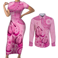 Pink Bula Fiji Couples Matching Short Sleeve Bodycon Dress and Long Sleeve Button Shirt Fijian Dance Fan Tapa Cloth Pattern