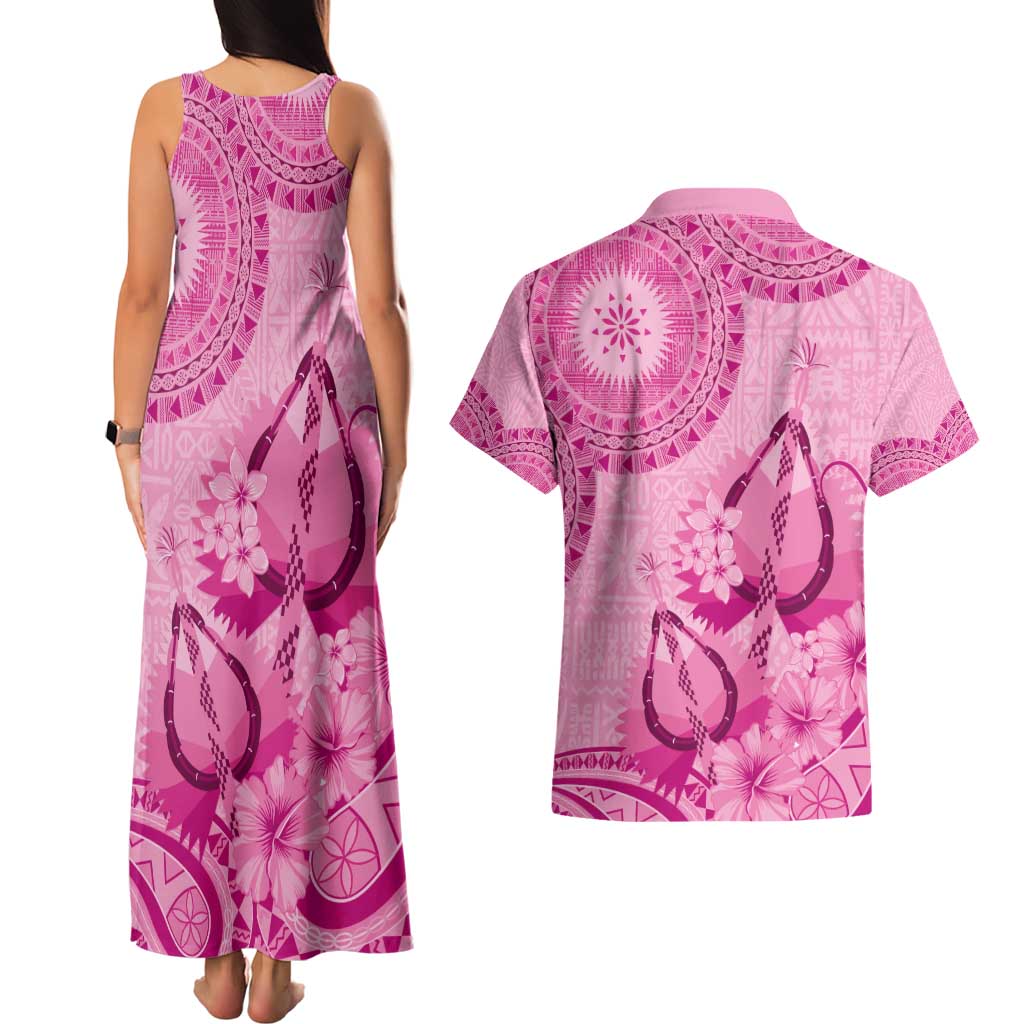 Pink Bula Fiji Couples Matching Tank Maxi Dress and Hawaiian Shirt Fijian Dance Fan Tapa Cloth Pattern