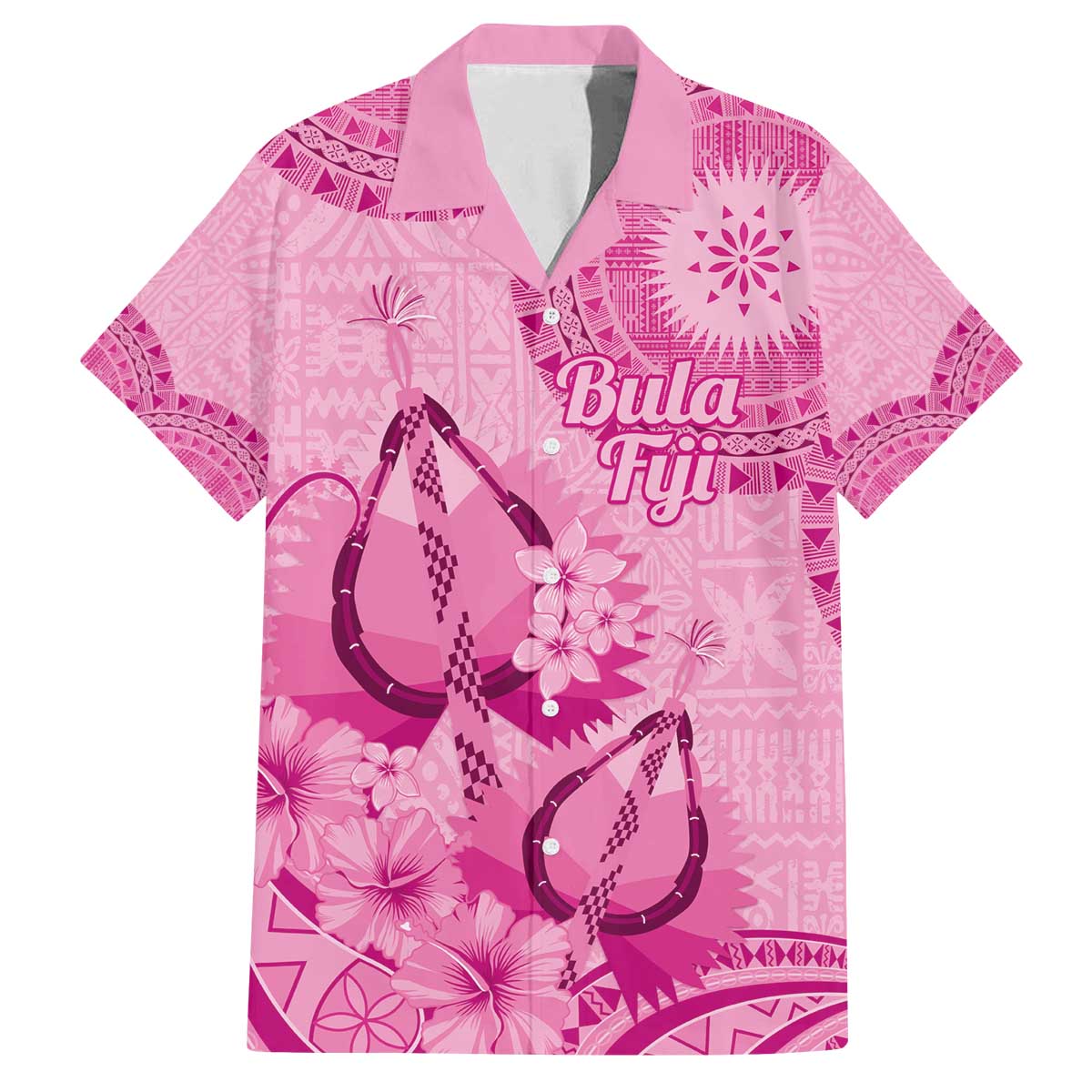 Pink Bula Fiji Family Matching Off The Shoulder Long Sleeve Dress and Hawaiian Shirt Fijian Dance Fan Tapa Cloth Pattern