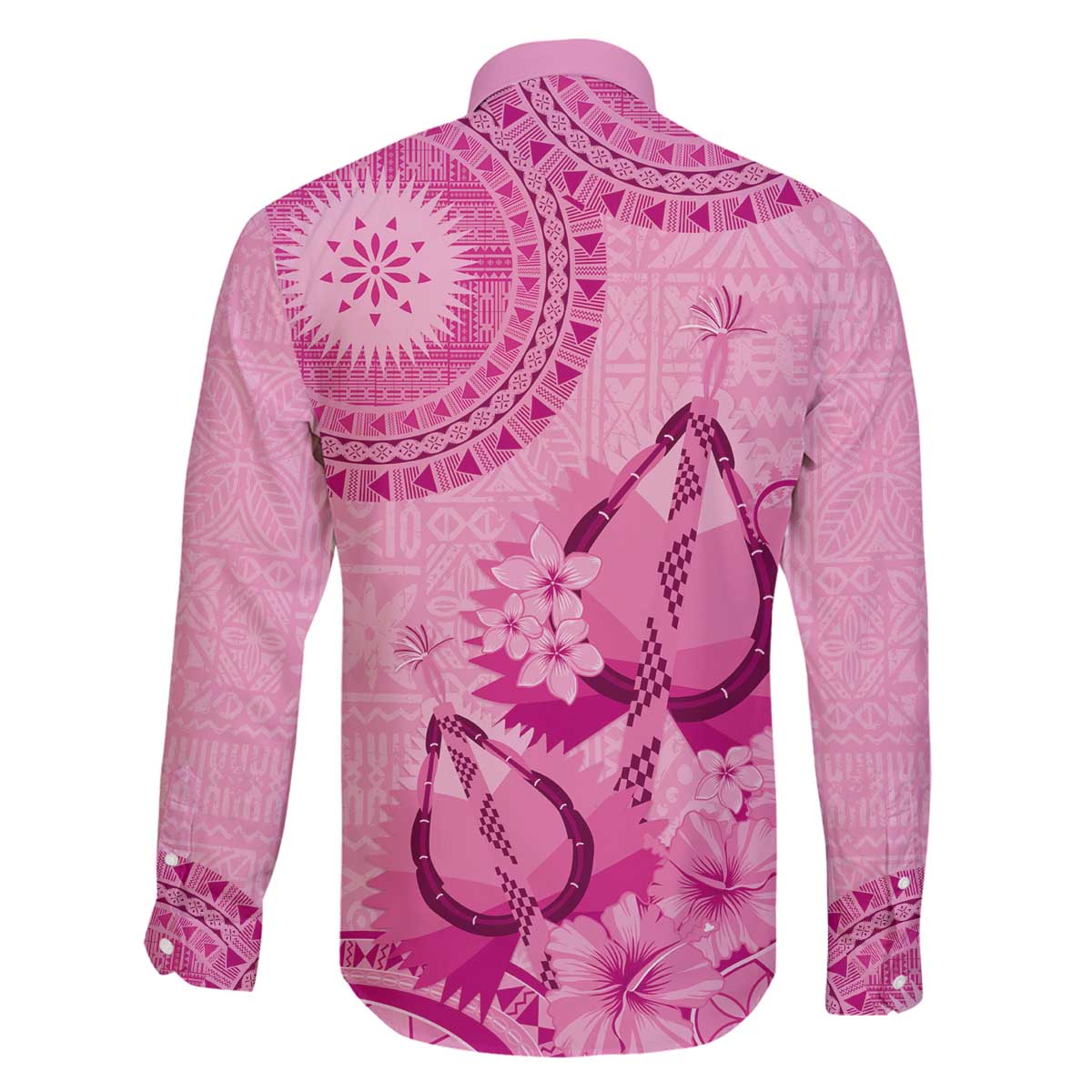 Pink Bula Fiji Family Matching Off The Shoulder Long Sleeve Dress and Hawaiian Shirt Fijian Dance Fan Tapa Cloth Pattern