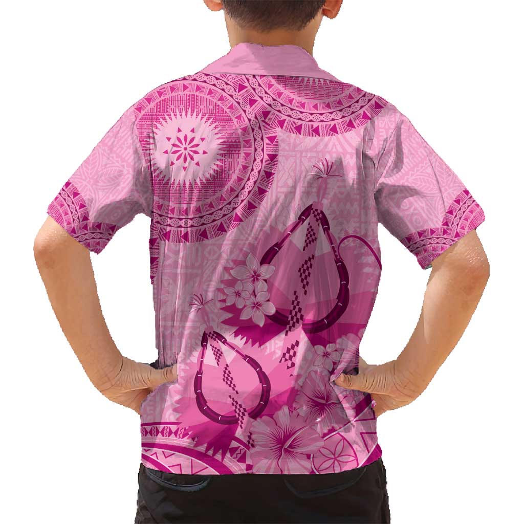 Pink Bula Fiji Family Matching Off Shoulder Maxi Dress and Hawaiian Shirt Fijian Dance Fan Tapa Cloth Pattern