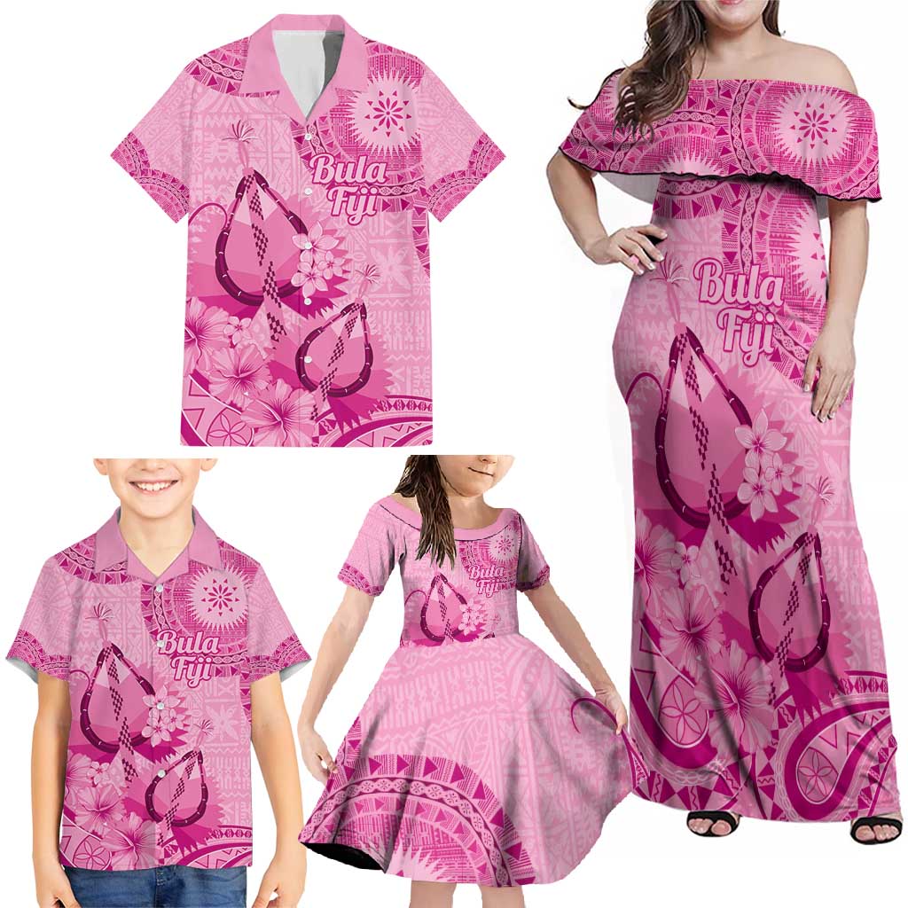 Pink Bula Fiji Family Matching Off Shoulder Maxi Dress and Hawaiian Shirt Fijian Dance Fan Tapa Cloth Pattern