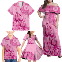Pink Bula Fiji Family Matching Off Shoulder Maxi Dress and Hawaiian Shirt Fijian Dance Fan Tapa Cloth Pattern