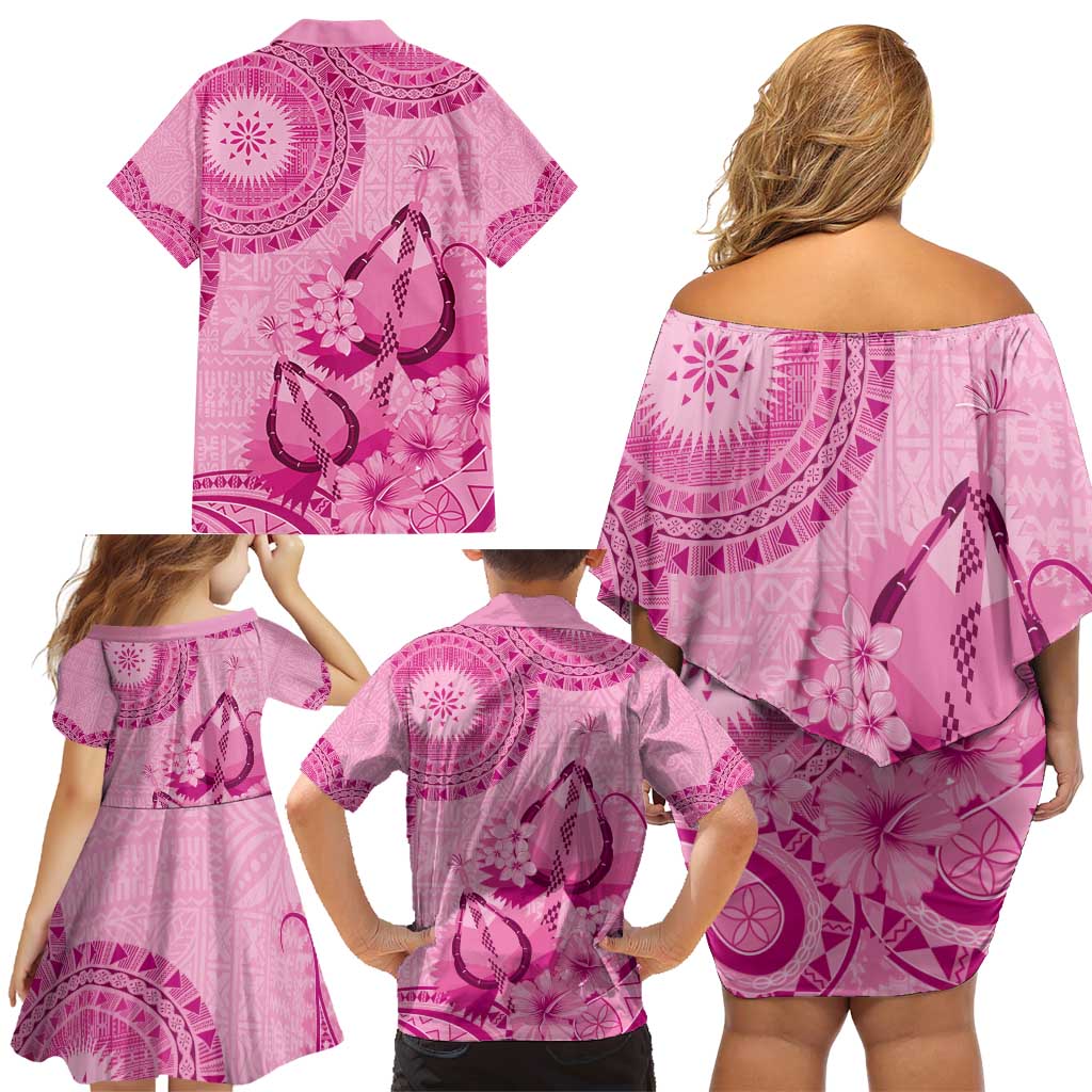 Pink Bula Fiji Family Matching Off Shoulder Short Dress and Hawaiian Shirt Fijian Dance Fan Tapa Cloth Pattern