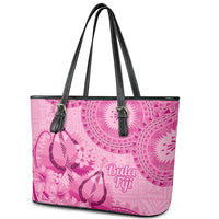 Pink Bula Fiji Leather Tote Bag Fijian Dance Fan Tapa Cloth Pattern