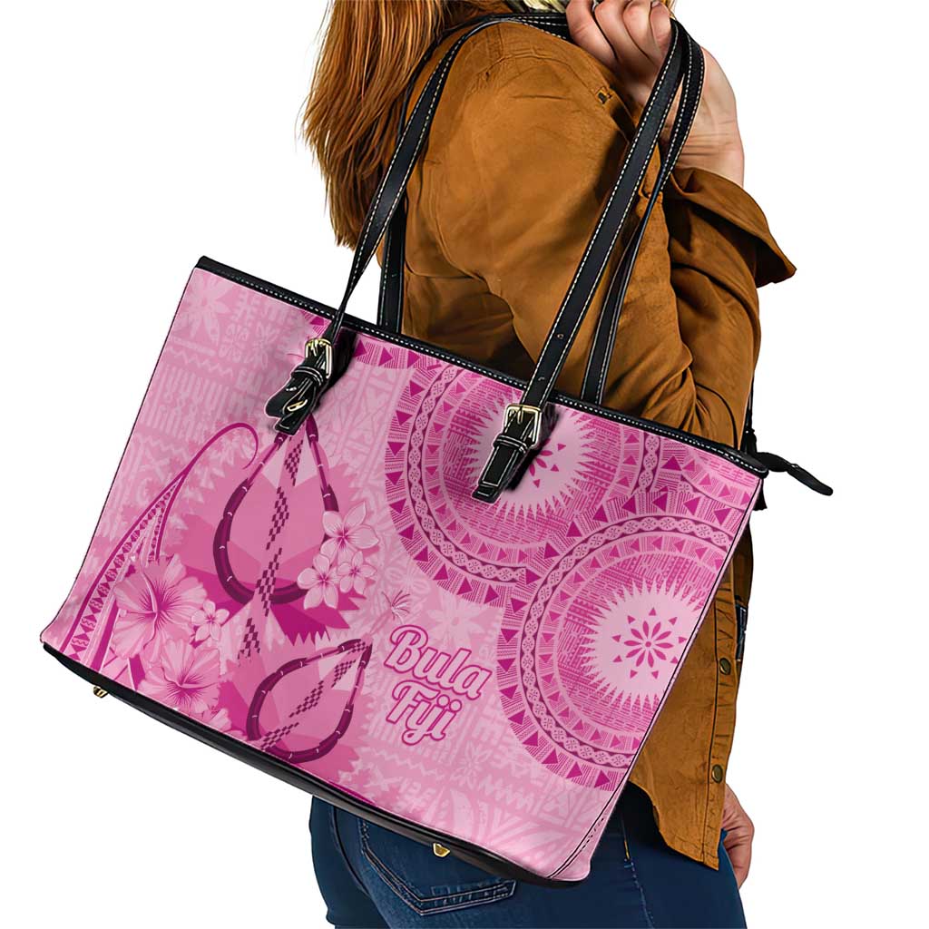 Pink Bula Fiji Leather Tote Bag Fijian Dance Fan Tapa Cloth Pattern