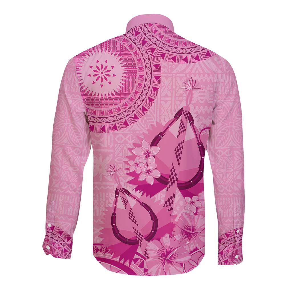 Pink Bula Fiji Long Sleeve Button Shirt Fijian Dance Fan Tapa Cloth Pattern
