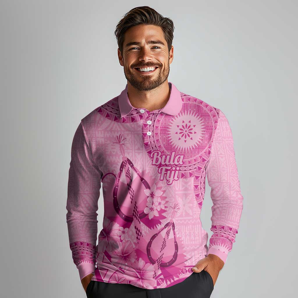 Pink Bula Fiji Long Sleeve Polo Shirt Fijian Dance Fan Tapa Cloth Pattern