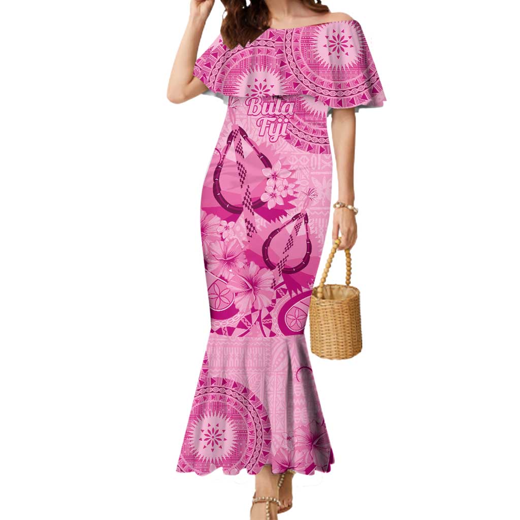 Pink Bula Fiji Mermaid Dress Fijian Dance Fan Tapa Cloth Pattern