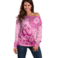 Pink Bula Fiji Off Shoulder Sweater Fijian Dance Fan Tapa Cloth Pattern