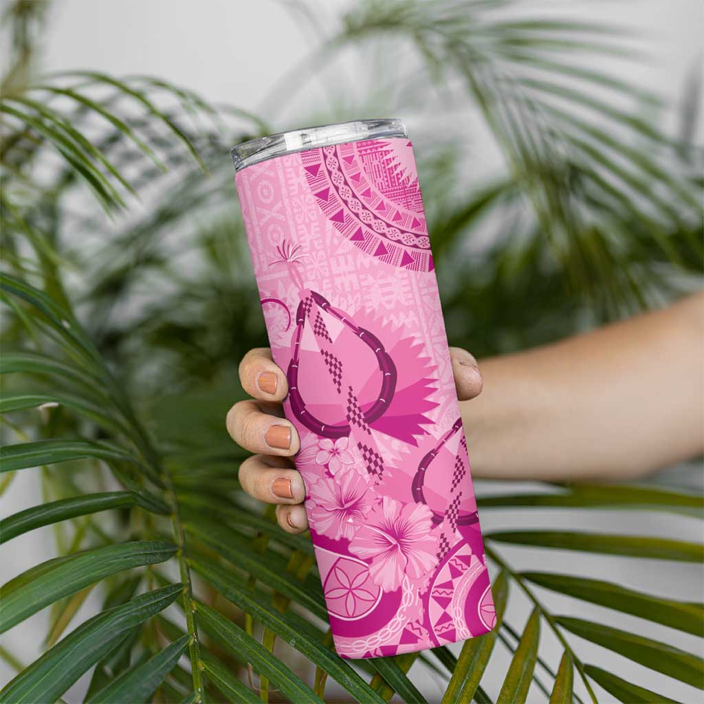 Pink Bula Fiji Skinny Tumbler Fijian Dance Fan Tapa Cloth Pattern