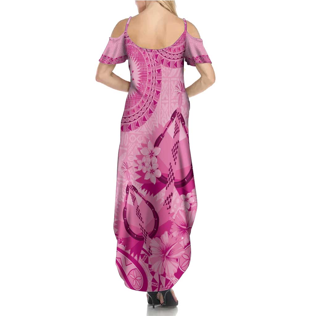 Pink Bula Fiji Summer Maxi Dress Fijian Dance Fan Tapa Cloth Pattern