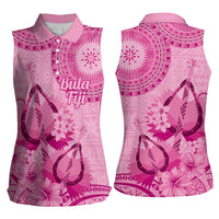 Pink Bula Fiji Women Sleeveless Polo Shirt Fijian Dance Fan Tapa Cloth Pattern
