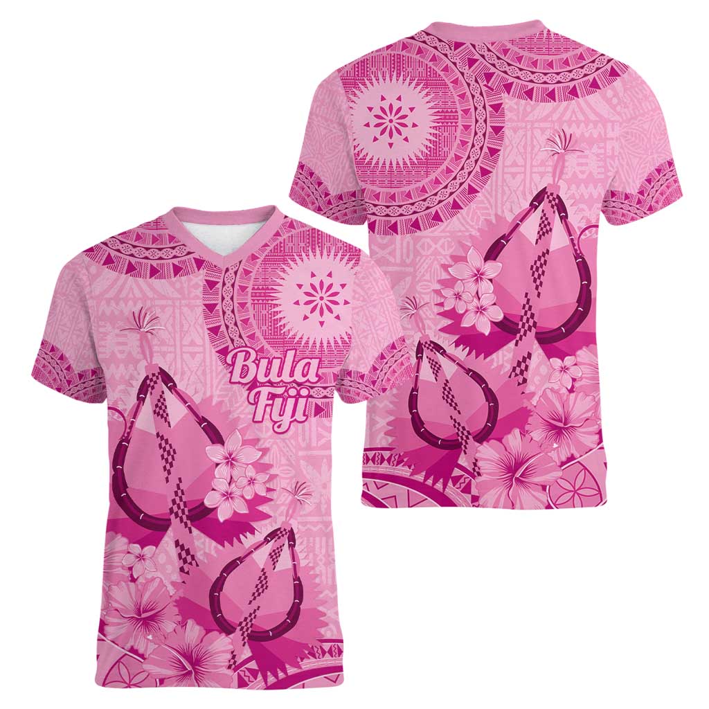 Pink Bula Fiji Women V-Neck T-Shirt Fijian Dance Fan Tapa Cloth Pattern